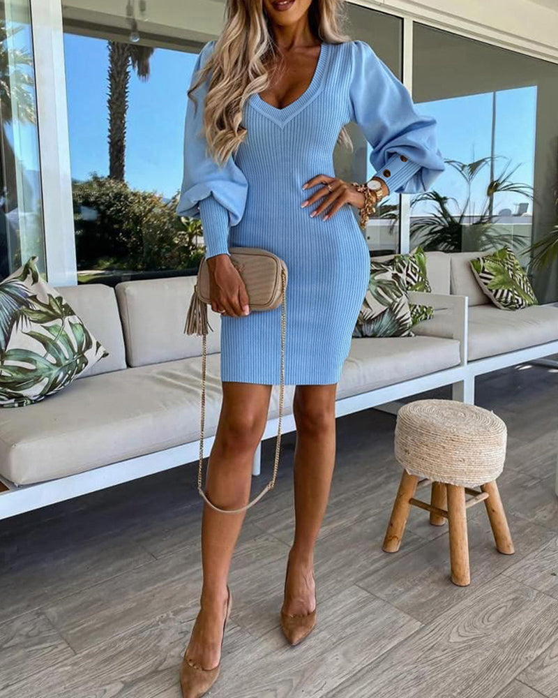 Puff Gigot Sleeve Buttoned Knit Bodycon Dress