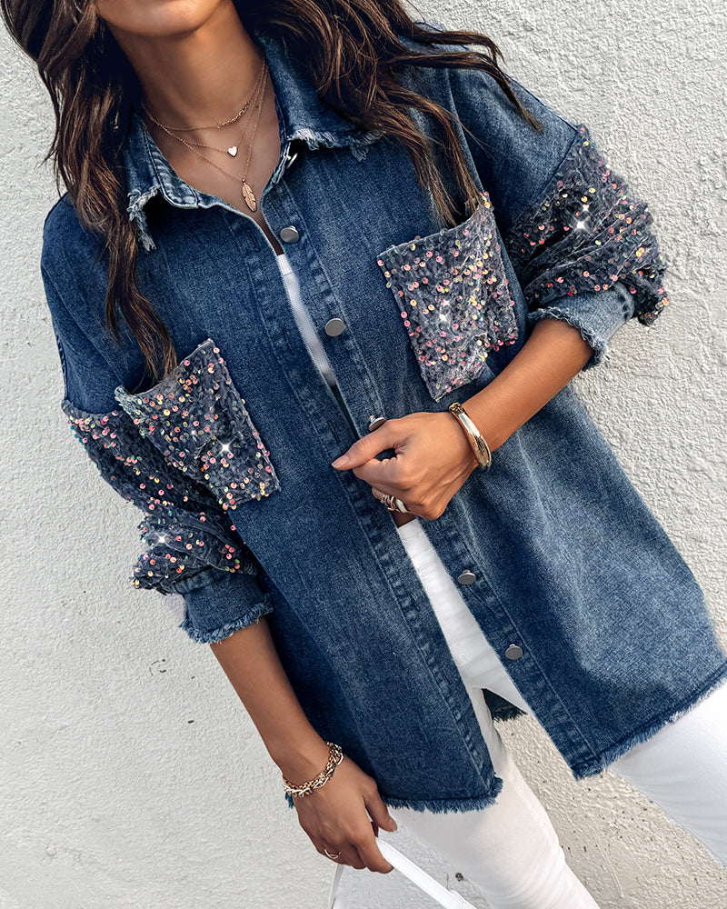 Turn-down Collar Contrast Sequin Long Sleeve Fringe Hem Denim Jacket Casual Coat