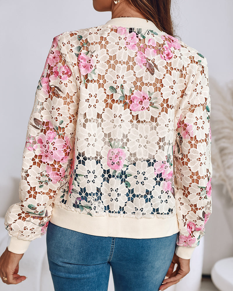 Floral Print Zip Up Water-Soluble Lace Baseball Coat Casual Hollow-out Bomber Crop Jacket