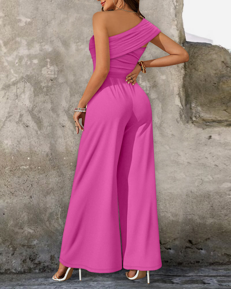 Cold Shoulder Ruched Buckle Wide Leg Jumpsuit