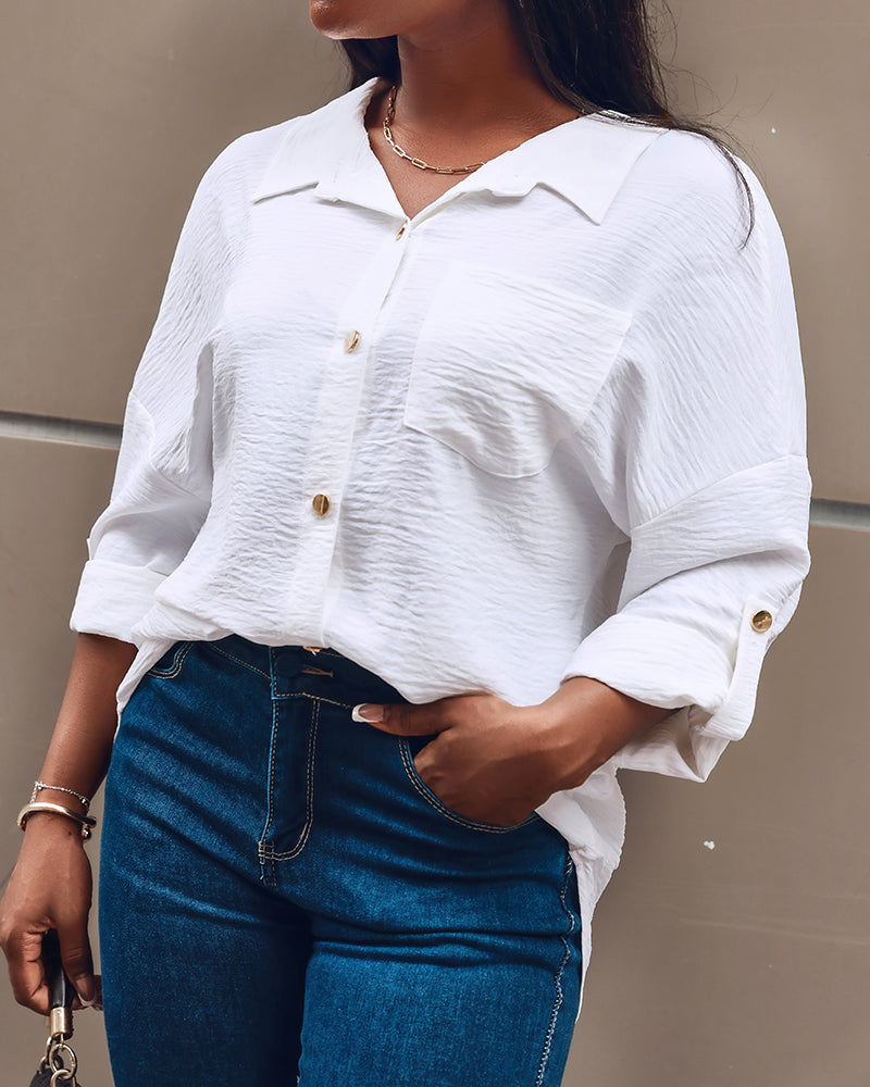 Metal Chain Decor Turn-down Collar Turn-Up Sleeves Front Button Shirt Casual Backless Asymmetrical Hem Top