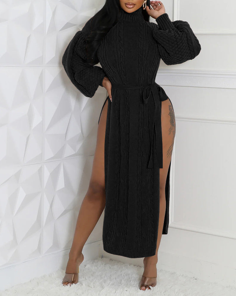 Cable Textured High Neck Lantern Sleeve Bow Tie Waist Sweater Casual High Slit Knit Longline Top