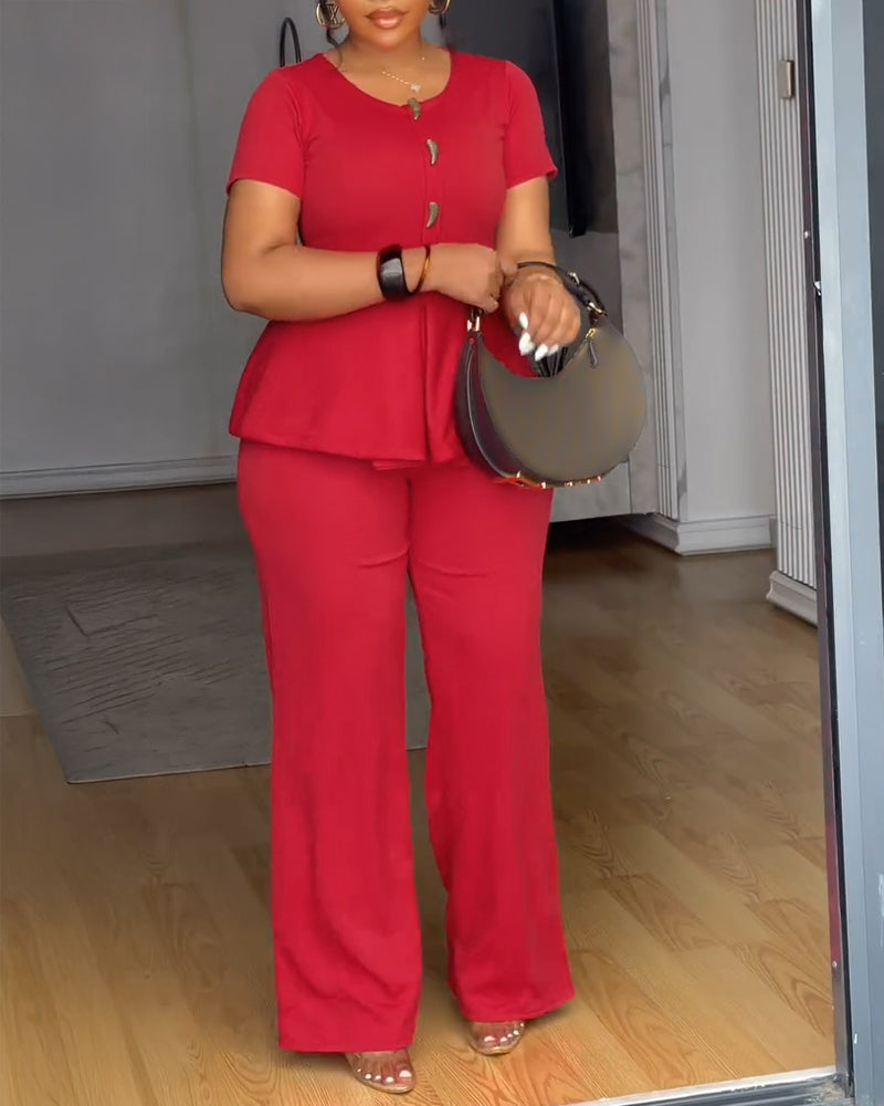 Toggle Button Decor Round Neck Peplum Waist Overalls Casual Zipper Back Wide Leg Jumpsuit