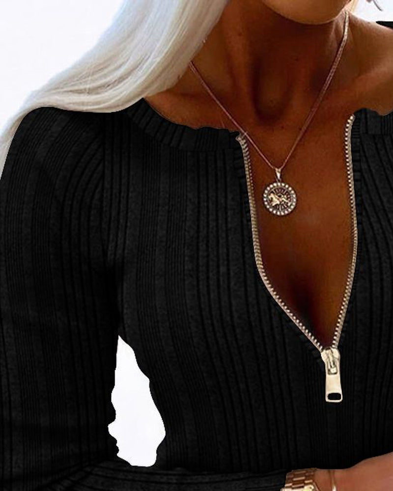 Crewneck Long Sleeve Ribbed Top Half Zipper Design Casual Pullover Tops
