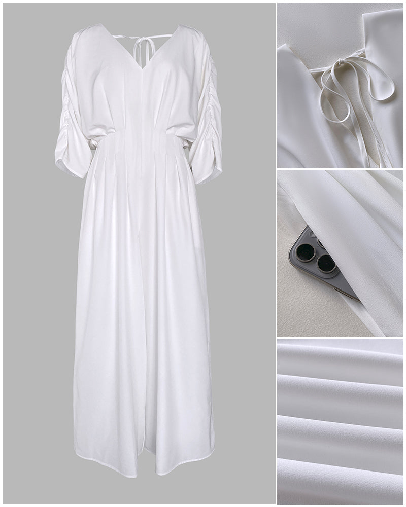 Deep V-Neck Ruched Three Quarters Sleeve Backless Overalls Casual Waist-Gathered Tied Detail Jumpsuit without Belt