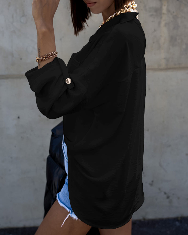 Metal Chain Decor Turn-down Collar Turn-Up Sleeves Front Button Shirt Casual Backless Asymmetrical Hem Top