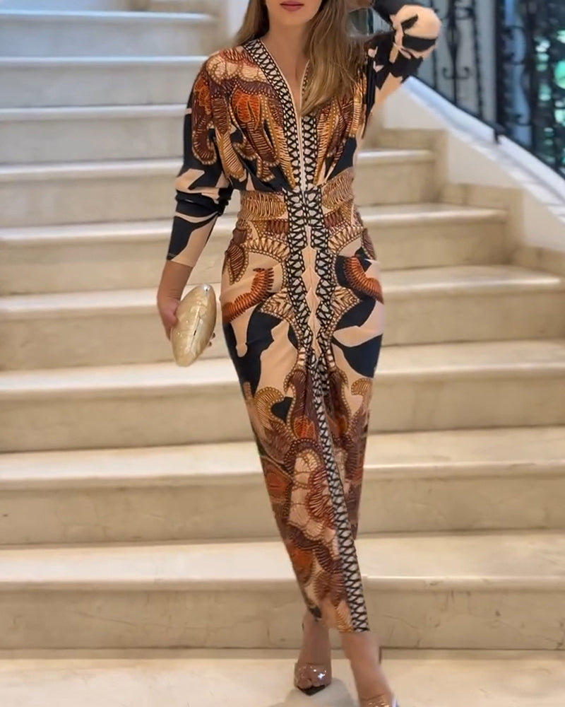 Vintage Baroque Deep V Neck Long Sleeve Slit Bodycon Dress Ruched Slim Fit Vacation Dress