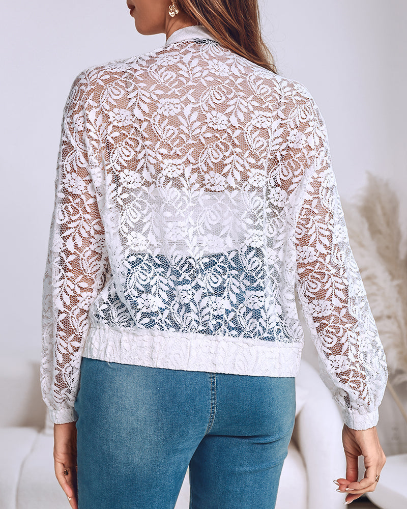 3D Flower Decor Stand Collar Zipper Front Sheer Lace Crop Jacket Casual Stretchy Cuffs Lightweight Breathable Loose Fit Coat