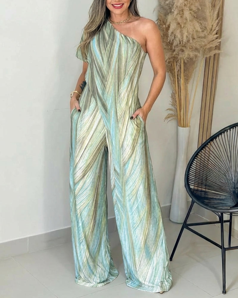 Colorblock Abstract Print One Shoulder Short Sleeve Zipper Side Overalls Casual Asymmetrical Wrap Design Wide Leg Jumpsuit