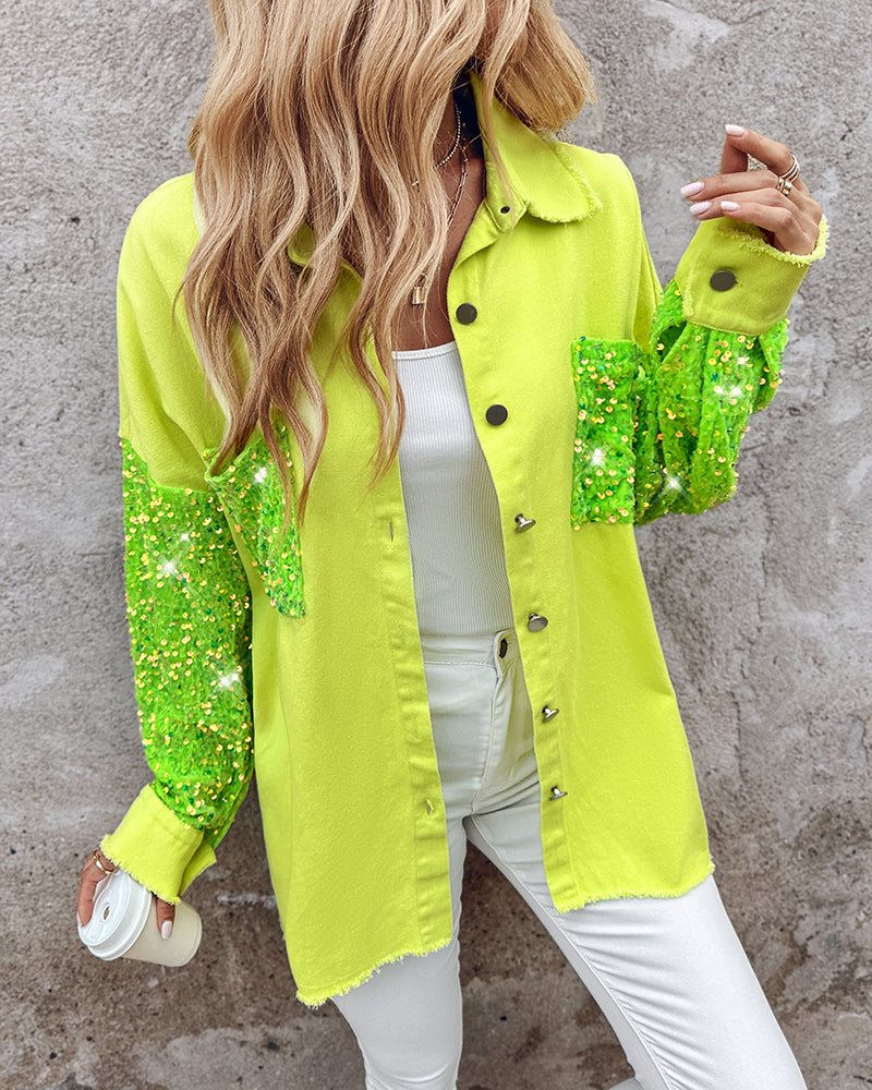Casual Jacket Sequin Patchwork Long Sleeve Jacket Top Button Front Raw Hem Oversized Denim Shacket