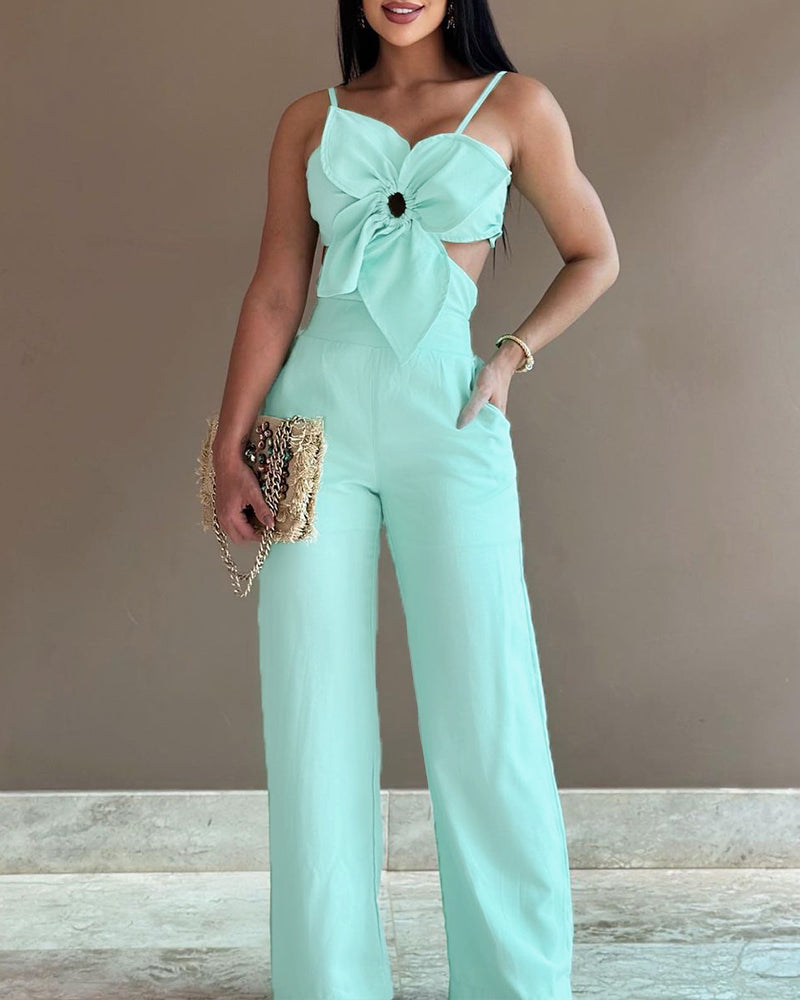 Floral Pattern Hollow Out Pocket Design Jumpsuit