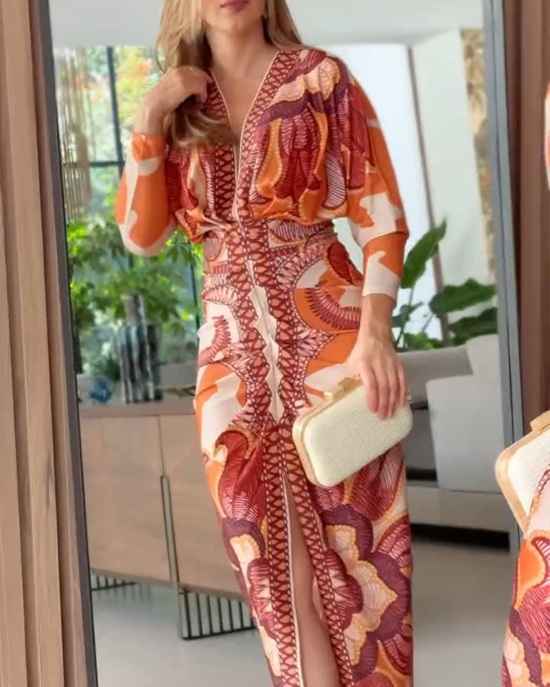 Vintage Baroque Deep V Neck Long Sleeve Slit Bodycon Dress Casual Ruched Slim Fit Vacation Dress