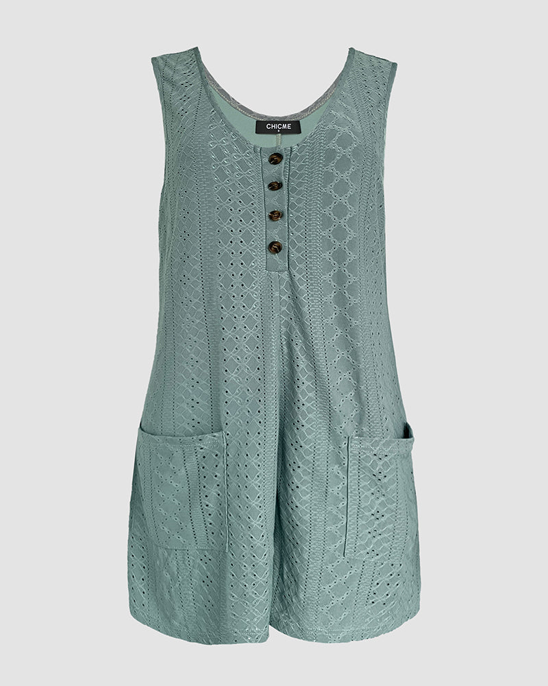 U-Neck Sleeveless Hollow-out Jacquard Textured Romper Casual Half Button Front Pockets Design Romper with Lining