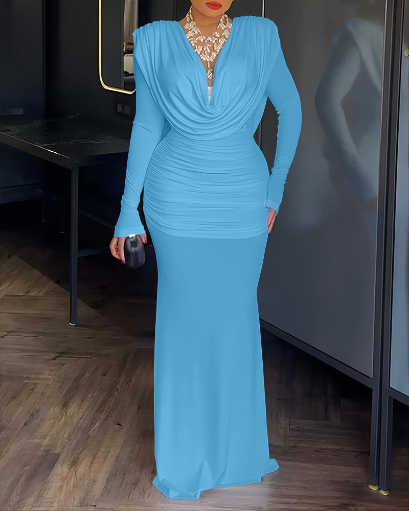 Cowl Neck Ruched Zipper Back Slim Fit Maxi Dress Casual Padded Shoulders Backless Evening Dress