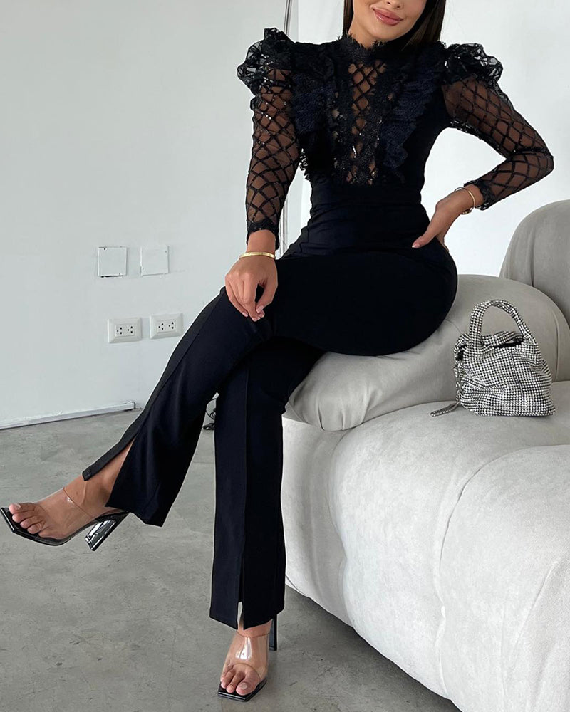 Elegant Mesh See Through Long Sleeve Jumpsuits Contrast Lace Sequin Patch Casual Overalls