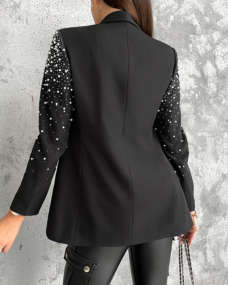 Rhinestone & Pearls Decor Shawl Collar Long Sleeve Blazer Coat