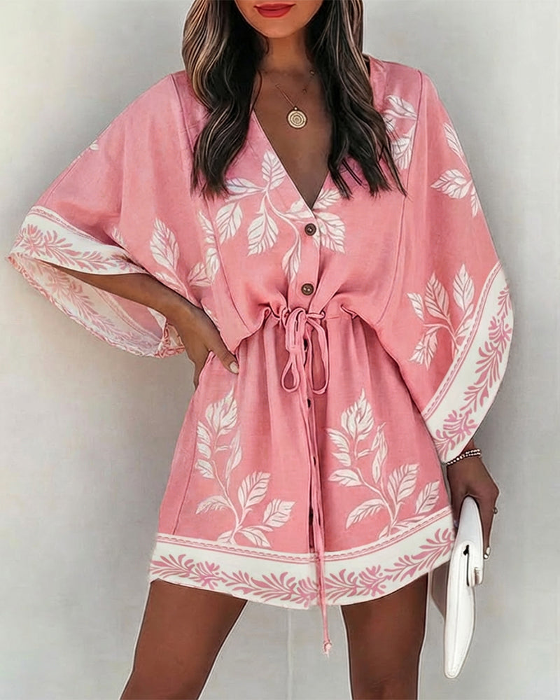Plants Print V-Neck Bell Sleeve Button Front Mini Dress Casual Drawstring Waist Vacation Dress