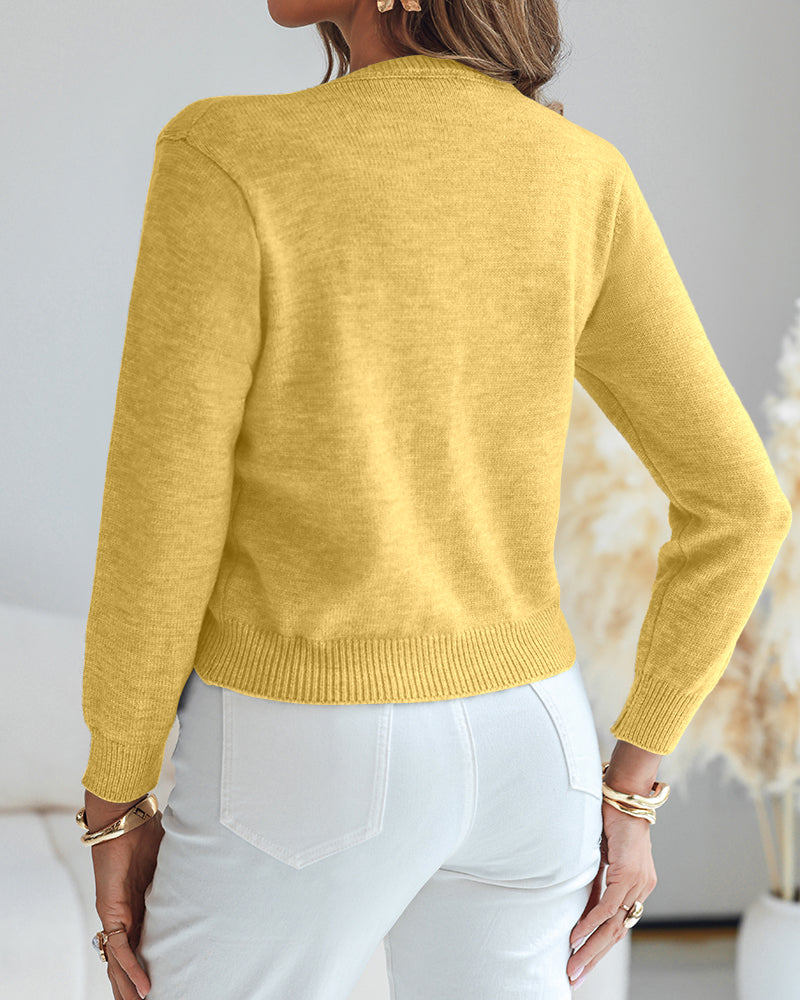 Floral Applique & Pearls Decor Round Neck Single Breasted Knit Cardigan Casual Crop Sweater Coat