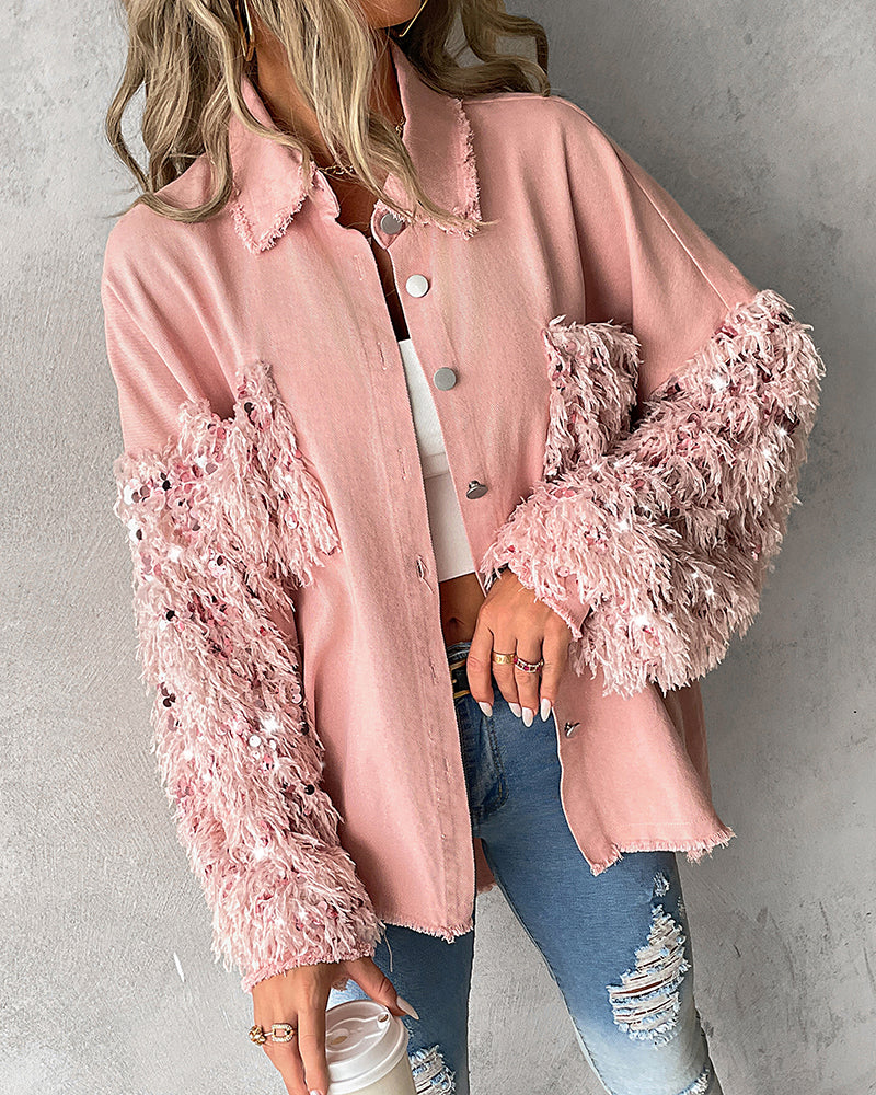 Sequin Decor Turn-down Collar Button Front Pockets Design Denim Coat Casual Fuzzy Spliced Raw Trim Shacket