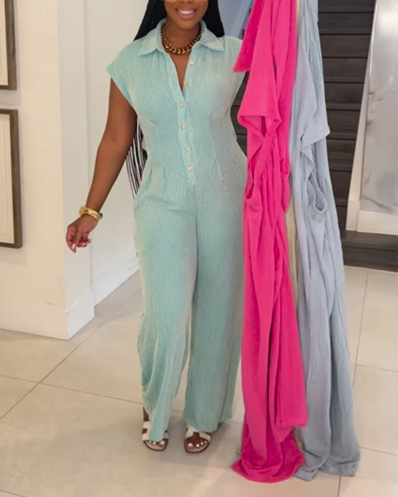 Turn-down Collar Cap Sleeve Button Front Pleated Ribbed Overalls Casual Open Back Wide Leg Elastic Back Waist Jumpsuit