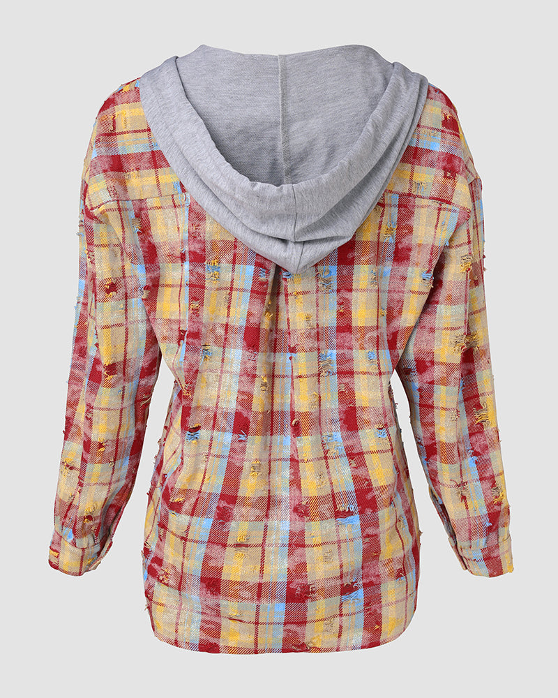 Colorblock Plaid Print Hooded Distressed Button Front Coat Shacket