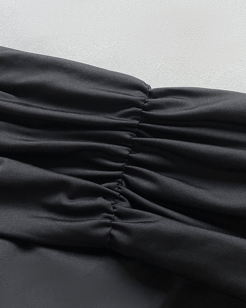 Metal Ring Decor Off Shoulder Ruched High Waist Jumpsuit Casual Cinched Waist Wide Leg Jumpsuit