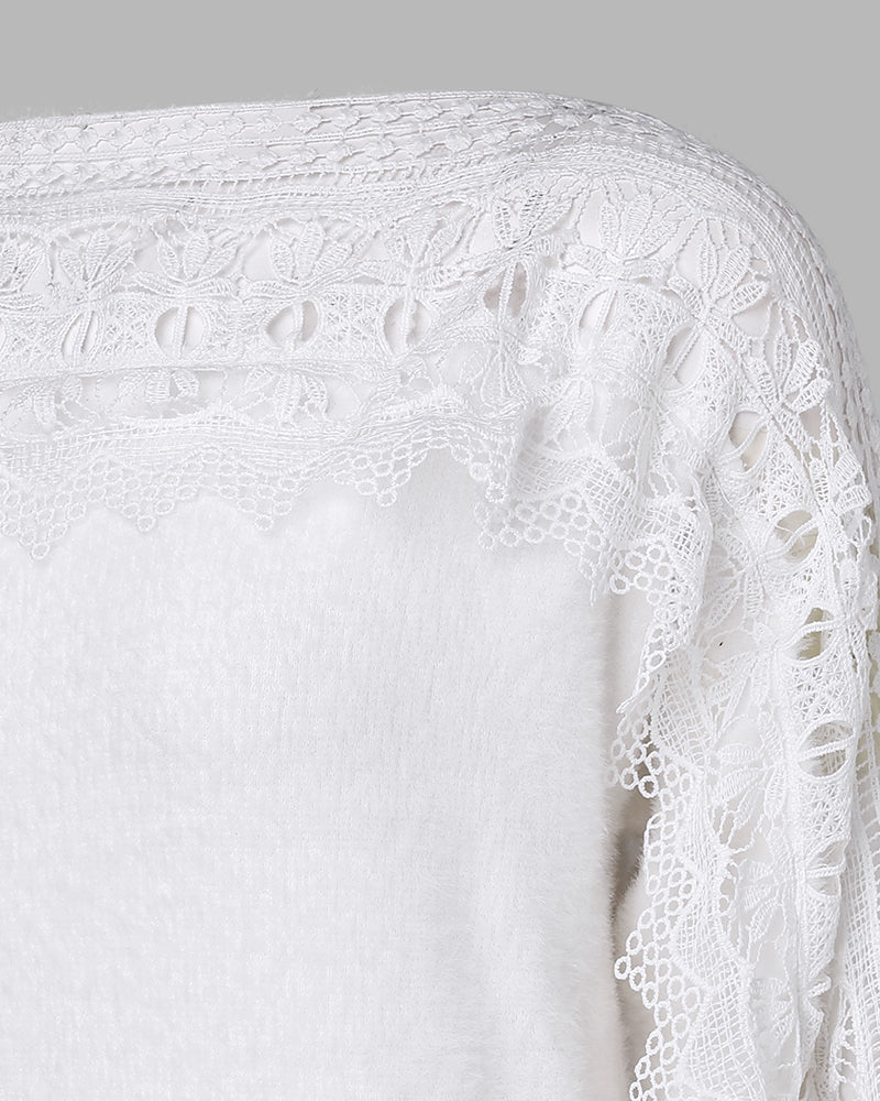 Crewneck Guipure Lace Long Sleeve Hollow Out Knit Sweaters Pullover Tops