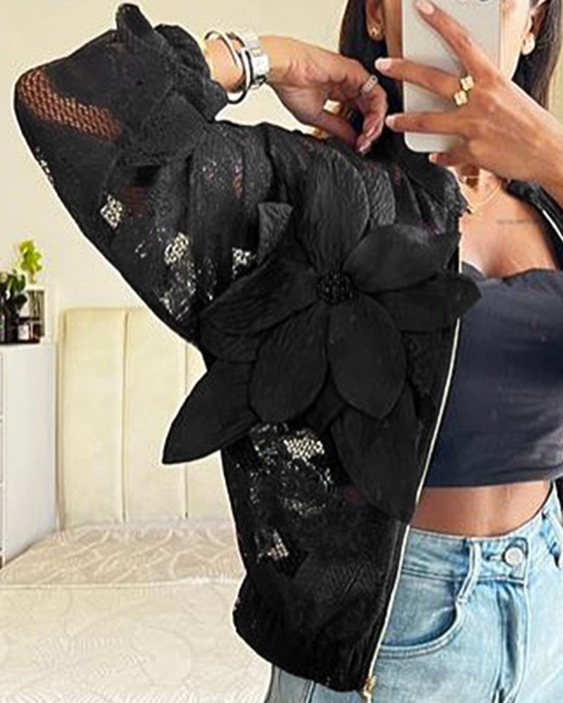 3D Flower Decor Stand Collar Zipper Front Sheer Lace Crop Jacket Casual Stretchy Cuffs Lightweight Breathable Loose Fit Coat