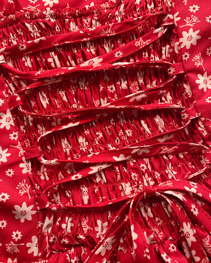 Floral Print Square Neck Thick Strap Tied Detail Romper Casual Shirred Lace-up Back Slit Skort Romper