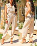 Notched Collar Sleeveless Button Front Stretchy Drawstring Waist Overalls Casual Flap Pockets Design Cuffed Jumpsuit