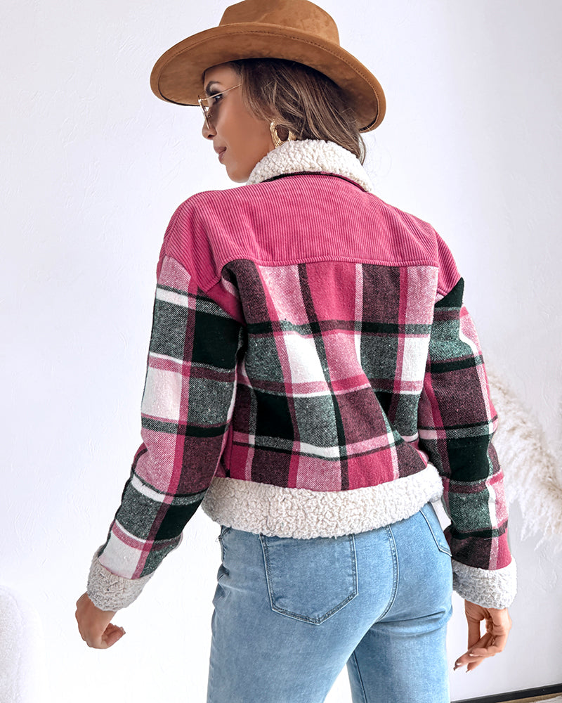 Vintage Plaid Print Corduroy Spliced Turn-down Collar Button Front Thermal Lined Jacket Casual Flap Detail Faux Shearling Trim Crop Warm Coat