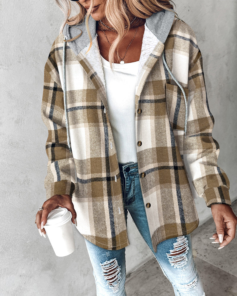 Plaid Print Button Front Pocket Design Drawstring Hoodie Jacket Casual Asymmetrical Hem Thermal Lined Shirt Coat