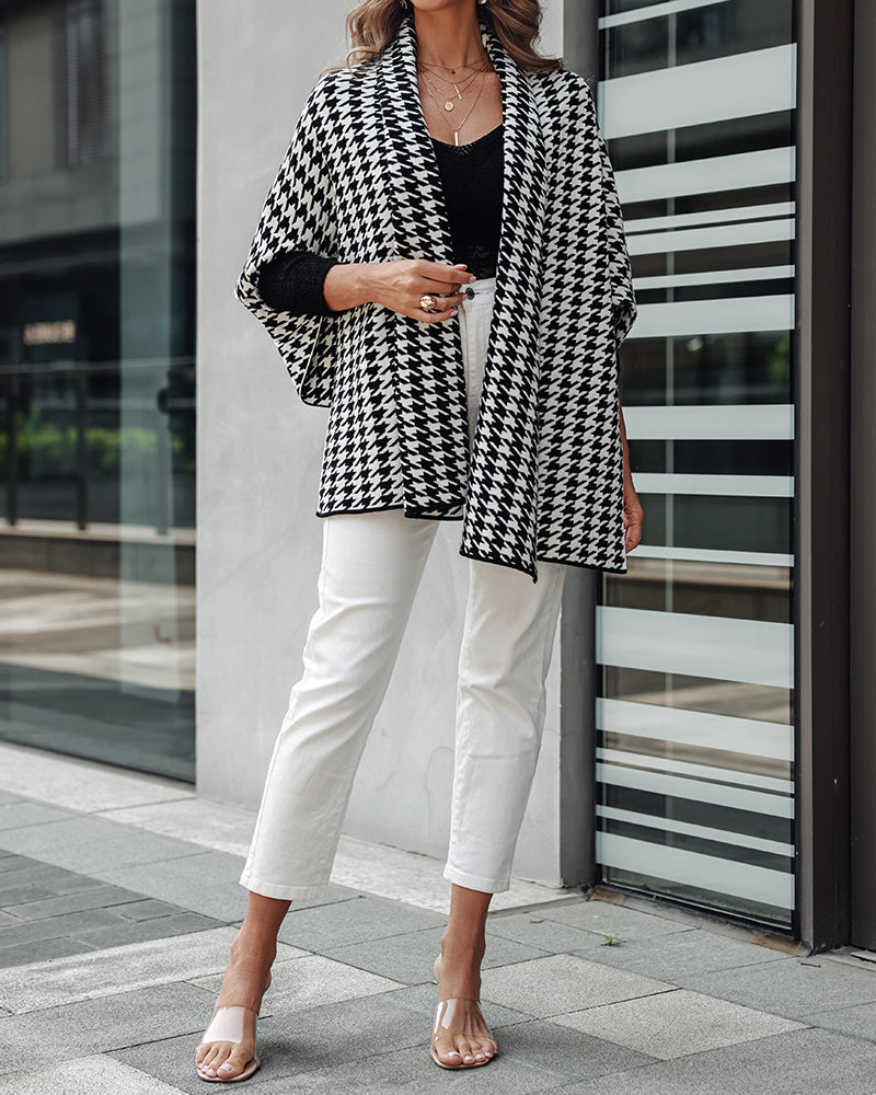 Houndstooth Print Versatile Loose Fit Sweater Coat Casual Warm Cape Shawl
