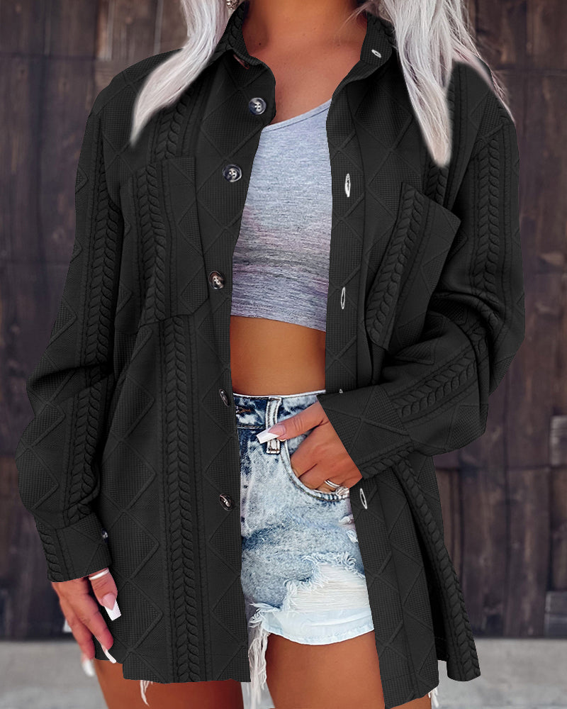 Turn-down Collar Button Front Drop Shoulder Jacket Casual Pockets Design Argyle & Cable Textured Shirt Coat