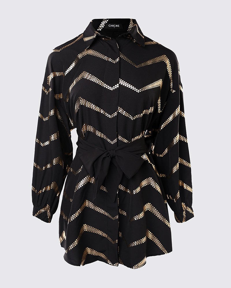 Bronzing Chevron Print Turn-down Collar Tied Detail Shirt Dress