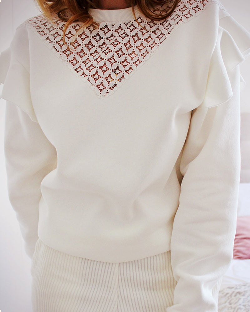 Contrast Lace Hollow-out Ruffles Long Sleeve Sweatshirt Casual Loose Fit Top
