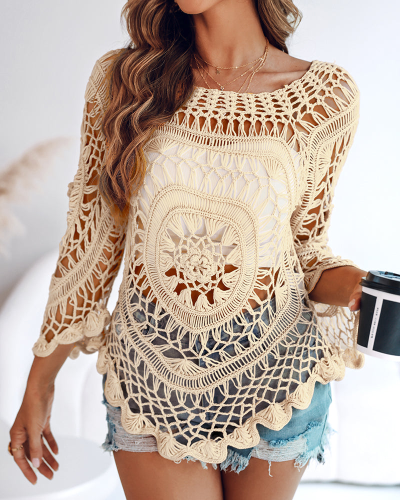 Boat Neck Batwing Sleeve Hollow-out Casual Top Asymmetrical Scallop Hem Crochet Pattern Cover Up