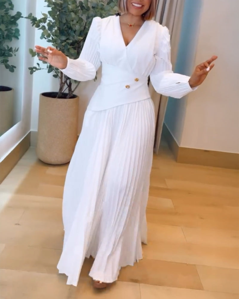 Button Decor Overlap V-Neck Pleated Puff Sleeve Zipper Side Commuting Dress Casual Cinched Waist Pleated Dress