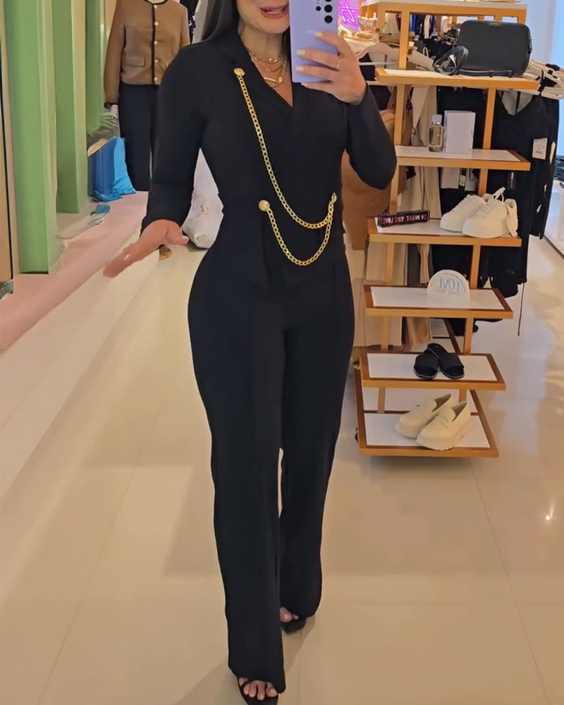 Chain & Button Decor Notched Collar Overlap V-Neck Slit Spliced Overalls Casual High Waist Seam Front Zipper Back Jumpsuit