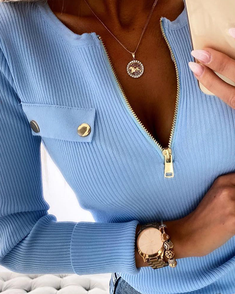 Crewneck Half Zipper Flap Detail Knit Sweater Long Sleeve Slim Fit Ribbed Pullover Top