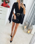 Shawl Collar Deep V-Neck Lace Cloak Sleeve Romper Casual Zipper Back Blazer Romper with Chain Decor Belt