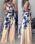 Floral Print Off Shoulder Sleeveless Deep V-Neck Jumpsuit Casual Zipper Side Wide Leg Jumpsuit