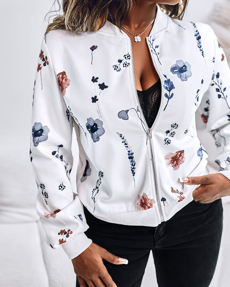 Plants Print Long Sleeve Casual Zipper Baseball Coat