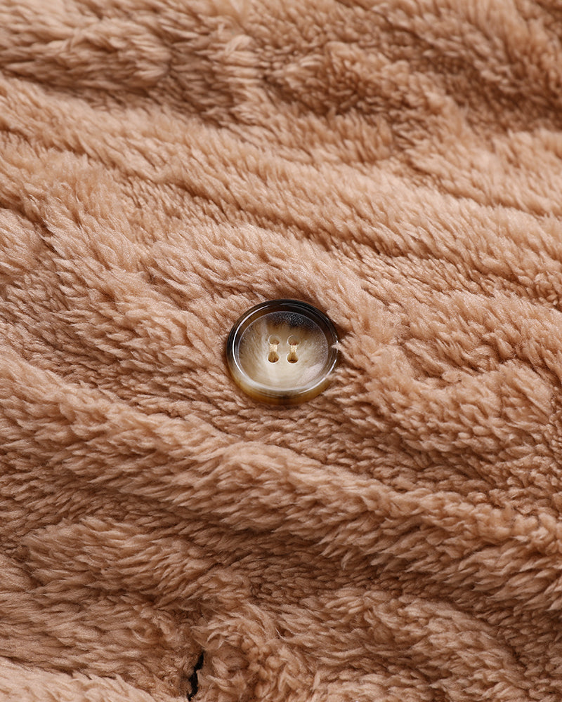 Cable Textured Lapel Neck Button Front Pocket Design Thermal Teddy Coat