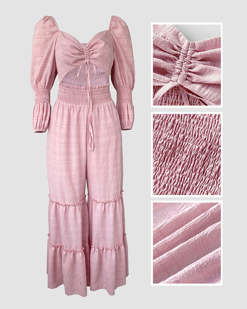 Square Neck Long Sleeve Drawstring  Shirred Jumpsuit