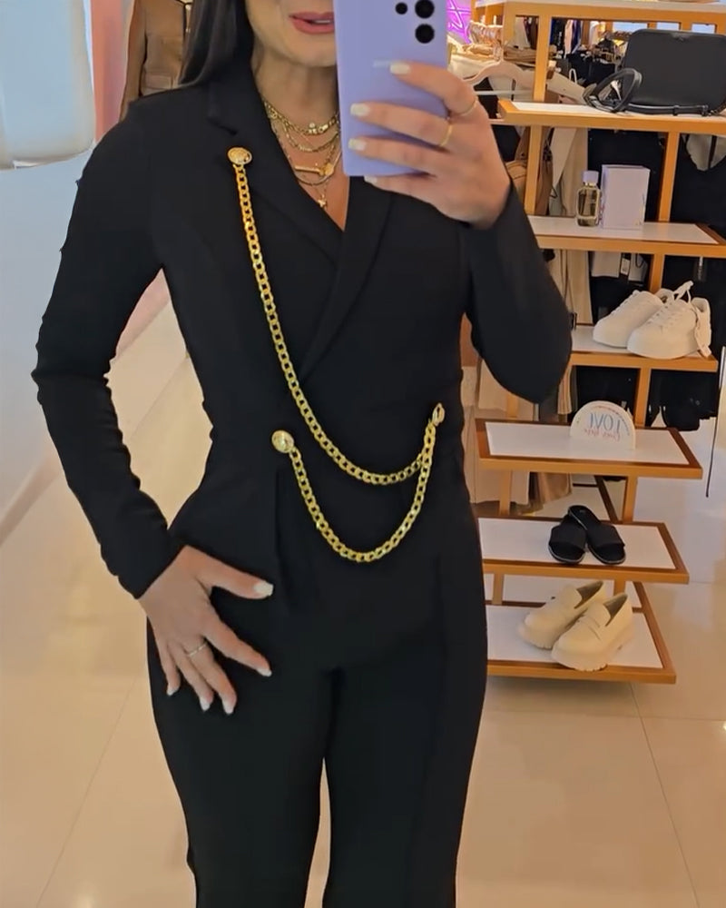 Chain & Button Decor Notched Collar Overlap V-Neck Slit Spliced Overalls Casual High Waist Seam Front Zipper Back Jumpsuit