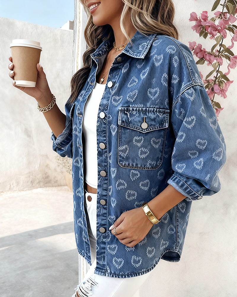 Vintage Heart Jacquard Turn-down Collar Button Front Asymmetrical Hem Jacket Casual Flap Pockets Design Washed Denim Coat