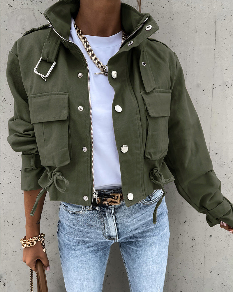 High Neck Zip Up Snap Button Front Flap Pockets Design Cargo Biker Jacket Casual Drawstring Crop Coat