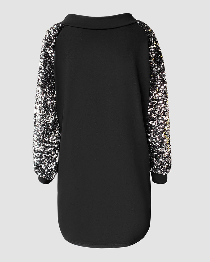 Stand Collar Sequin Long Sleeve Drawstring Casual Mini Straight Dress