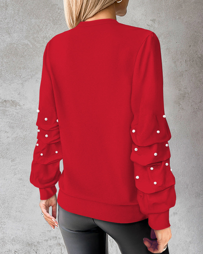 Keyhole Neck Long Sleeve Pullover Top Beaded Hollow Out Blouse Top